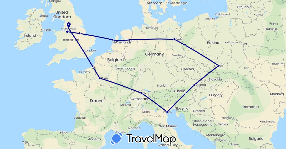 TravelMap itinerary: driving in Austria, Switzerland, Germany, France, United Kingdom, Italy, Netherlands, Poland (Europe)